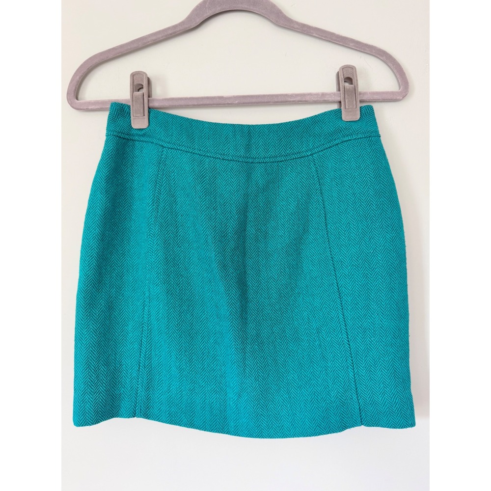 H&M Herringbone Wool Blend Mini Pencil Skirt A-Line Lined Teal Blue Green Size 4